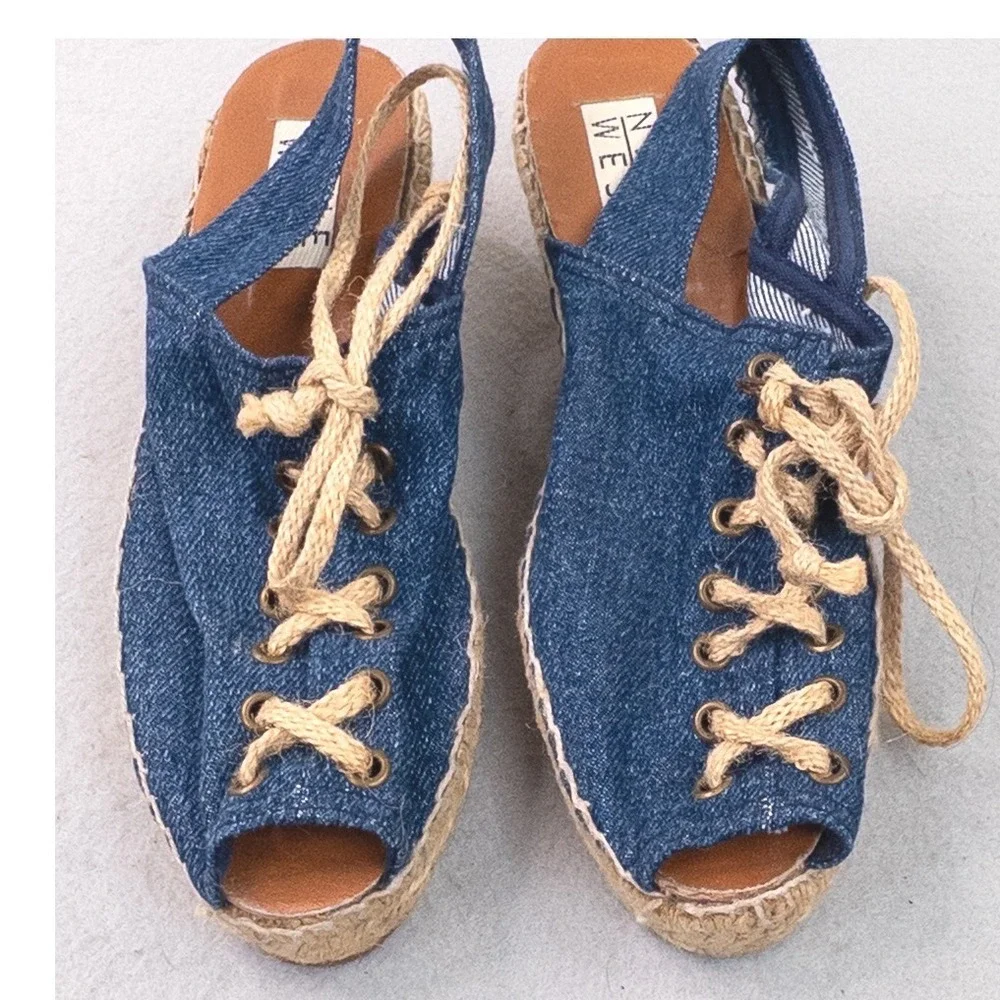 Vintage Nine West Denim Espadrille Platform Wedges Peep Toe Slingback Sandals